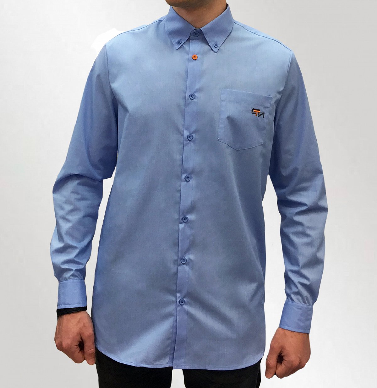 Рубашки с логотипом на заказ  - пример модели синяя рубашка с логотипом